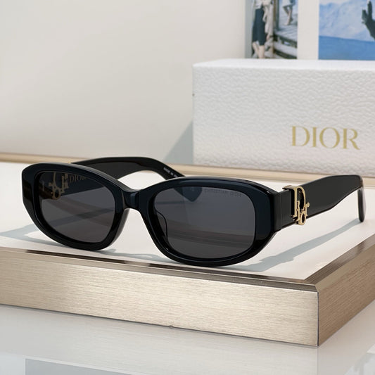 D**R Slim Rectangular Oval Sunglasses with Thick Glossy Black Acetate Frame, Dark Grey Lenses & Gold CD Script Logo Hardware