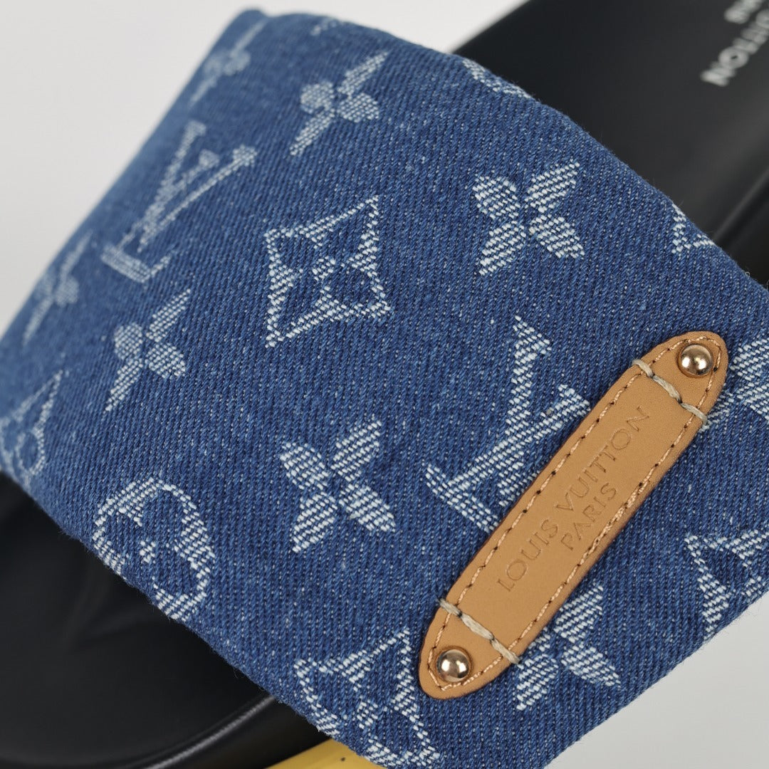 L***V Blue Denim Monogram Gold Bar Platform Slide Sandals — 2024 Spring Summer Boutique Limited Edition