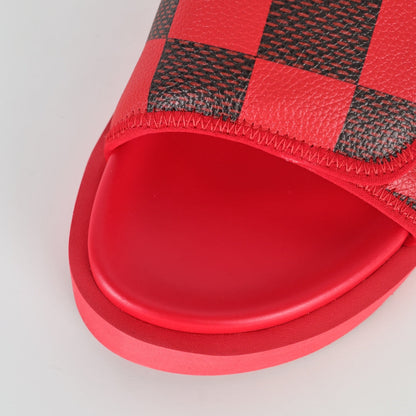 L***V Scarlet Red Dark Brown Damier Checkerboard Velcro Adjustable Wide Strap Miami Slide Sandals — Spring Summer Boutique Limited Edition