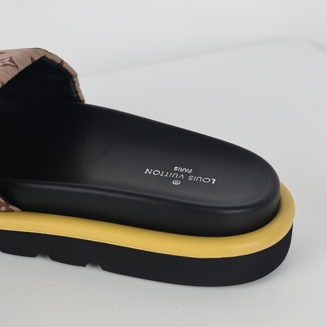 L***V Brown Classic Monogram Canvas Wide Strap Platform Slide Sandals — 2024 Spring Summer Boutique Limited Edition