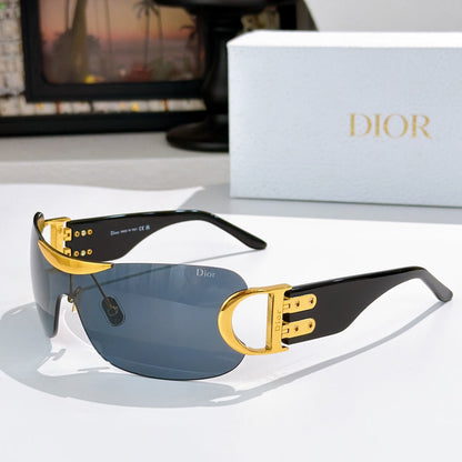 D**R Rimless Wraparound Shield Sunglasses with Grey Purple Gradient Lens, Black Temples & Oversized Gold CD Logo Hardware