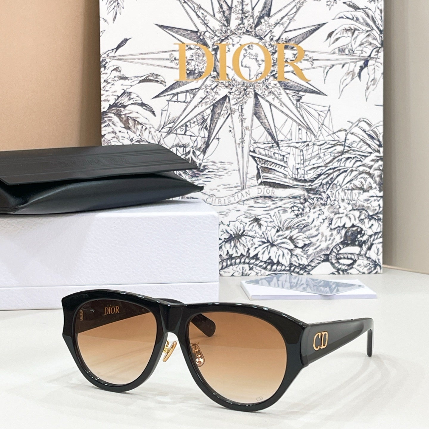 D**R Oversized Pilot Sunglasses with Glossy Black Acetate Frame, Brown Gradient Lenses & Gold CD Logo Hardware