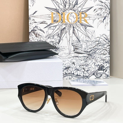 D**R Oversized Pilot Sunglasses with Glossy Black Acetate Frame, Brown Gradient Lenses & Gold CD Logo Hardware