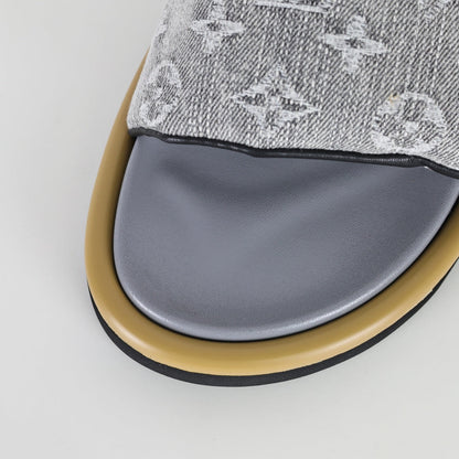 L***V Grey Denim Monogram Canvas Leather Buckle Strap Wide Band Platform Slide Sandals — Spring Summer Boutique Limited Edition