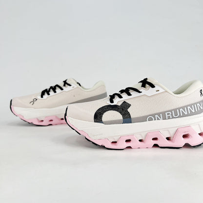 On Cloudmonster 3 – Women's Lightweight Breathable Maximum Cushioning Running Shoes | White, Gray & Pink