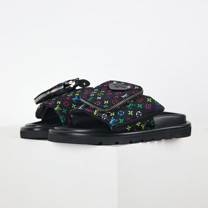 L***V Black Multicolor Monogram Gold Zipper Bow Wide Strap Pool Pillow Slide Sandals — Spring Summer Boutique Limited Edition