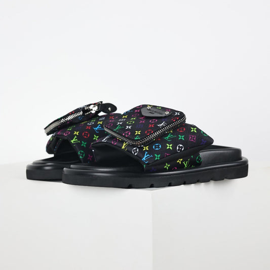 L***V Black Multicolor Monogram Gold Zipper Bow Wide Strap Pool Pillow Slide Sandals — Spring Summer Boutique Limited Edition