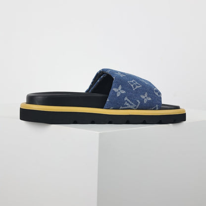 L***V Blue Denim Monogram Gold Bar Platform Slide Sandals — 2024 Spring Summer Boutique Limited Edition