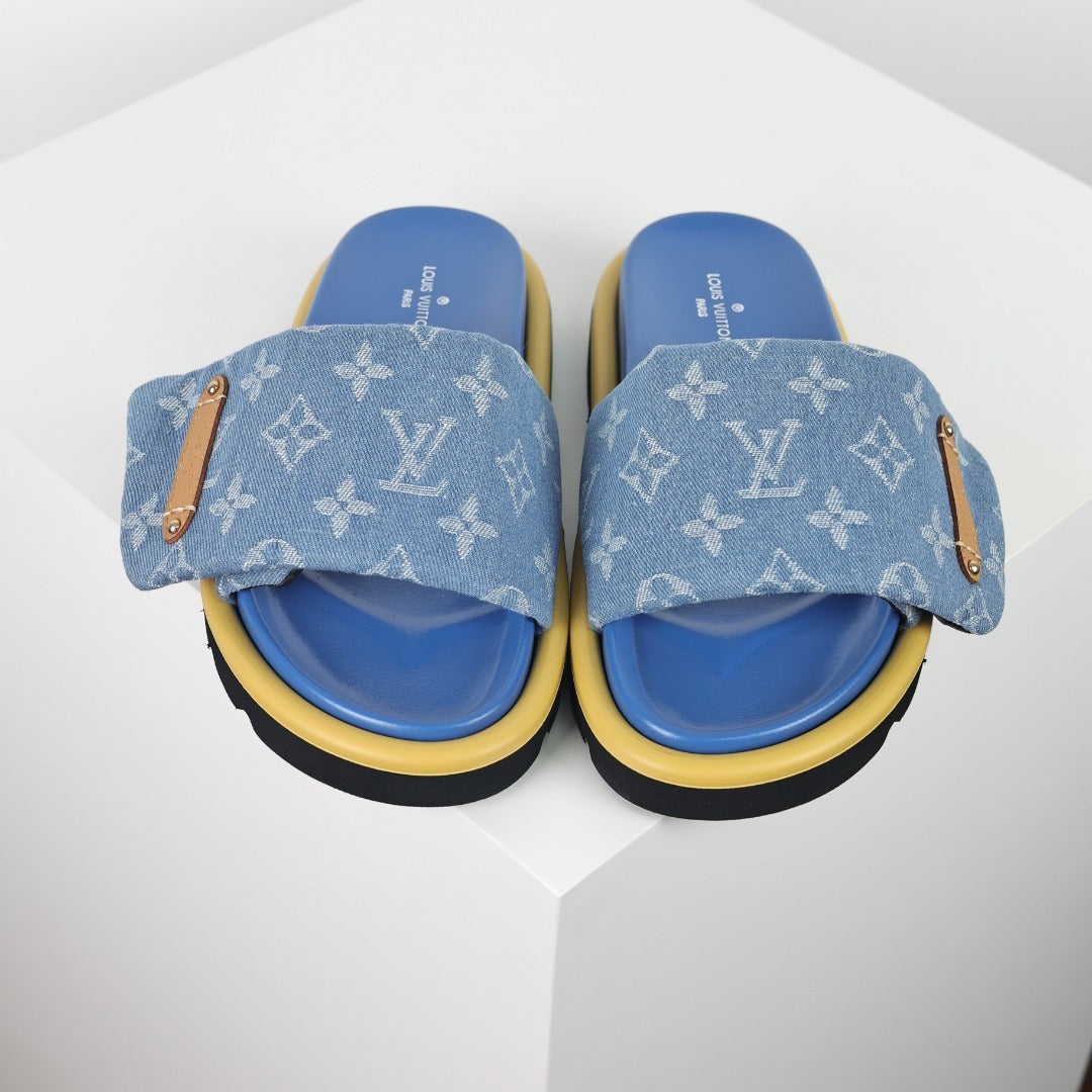 L***V Sky Blue Denim Monogram Gold Safety Pin Platform Slide Sandals — 2024 Spring Summer Boutique Limited Edition