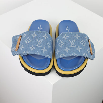 L***V Sky Blue Denim Monogram Gold Safety Pin Platform Slide Sandals — 2024 Spring Summer Boutique Limited Edition