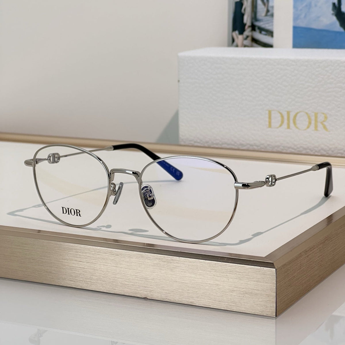 D**R Round Optical Glasses with Slim Rose Gold Metal Wire Frame, Clear Blue Light Lenses & 3D CD Logo Hardware