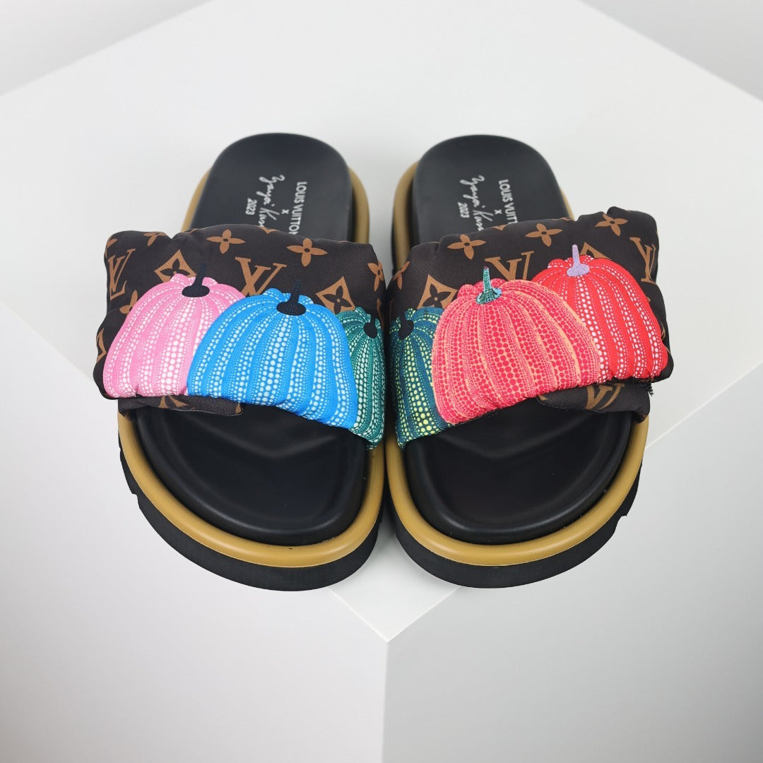 L***V Brown Monogram Canvas Multicolor Tassel Double Strap Platform Slide Sandals — Spring Summer Boutique Limited Edition