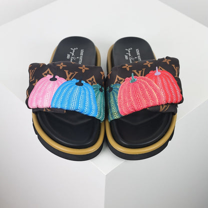 L***V Brown Monogram Canvas Multicolor Tassel Double Strap Platform Slide Sandals — Spring Summer Boutique Limited Edition