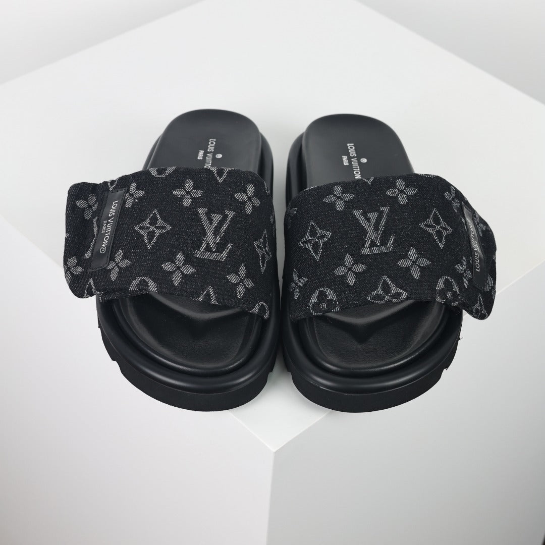 L***V All-Black Tonal Monogram Double Strap Flat Slide Sandals — 2024 Spring Summer Boutique Limited Edition