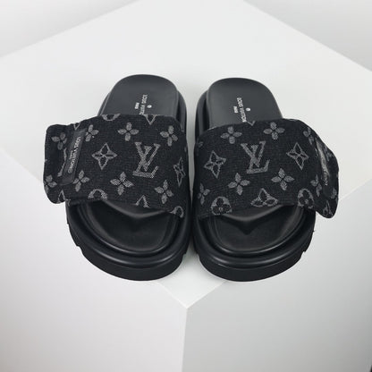 L***V All-Black Tonal Monogram Double Strap Flat Slide Sandals — 2024 Spring Summer Boutique Limited Edition