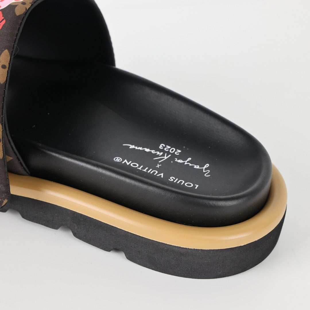 L***V Monogram Graffiti Slide Sandals — Limited Edition Print Single Strap Pool Slippers (4 Colors)