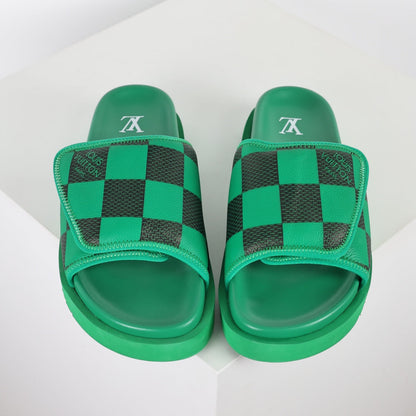 L***V Grass Green Black Damier Checkerboard Inflated Pillow Leather Velcro Double Strap Miami Slide Sandals — Spring Summer Boutique Limited Edition
