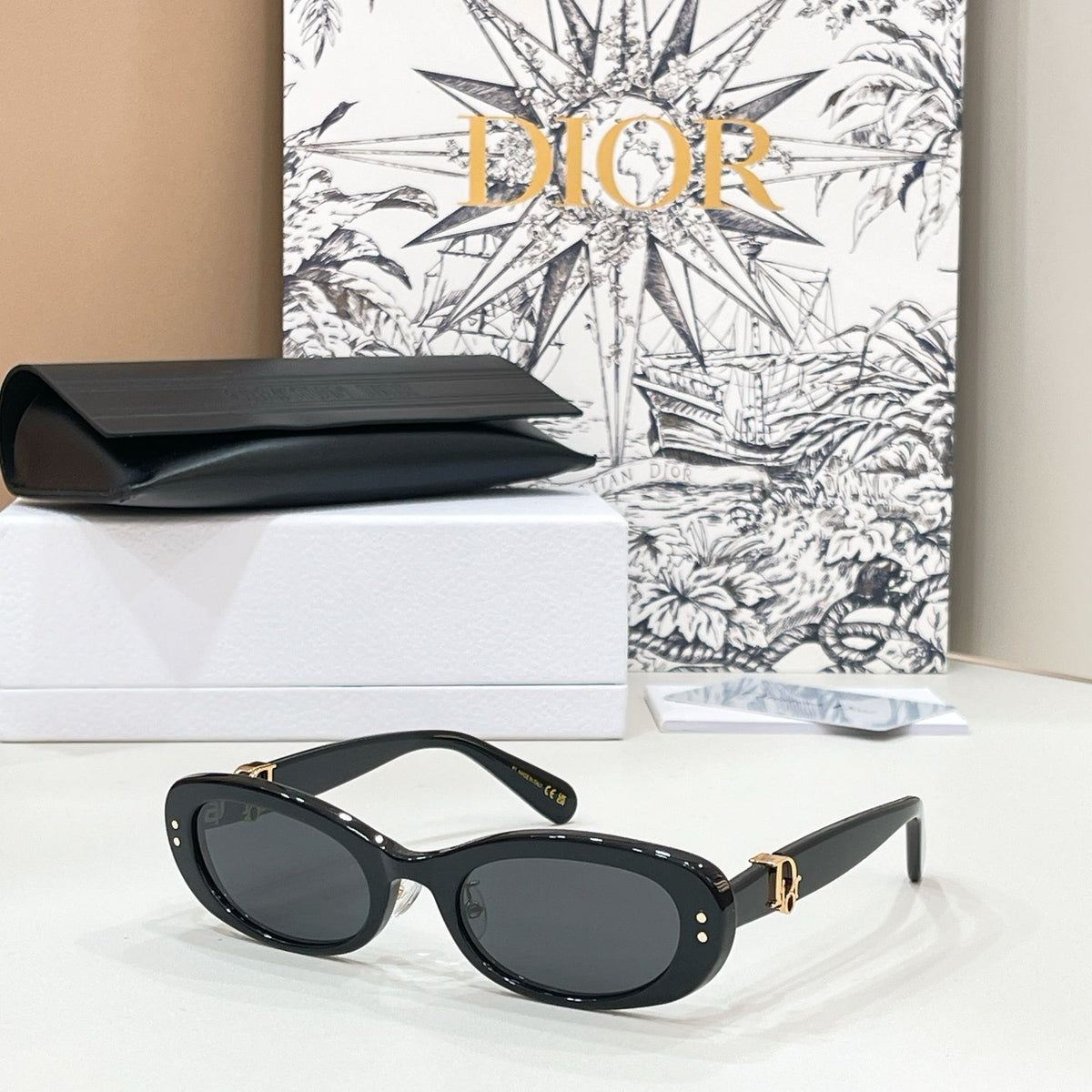 D**R Slim Oval Sunglasses with Clear Transparent Acetate Frame, Forest Green Lenses & Gold Logo Hardware