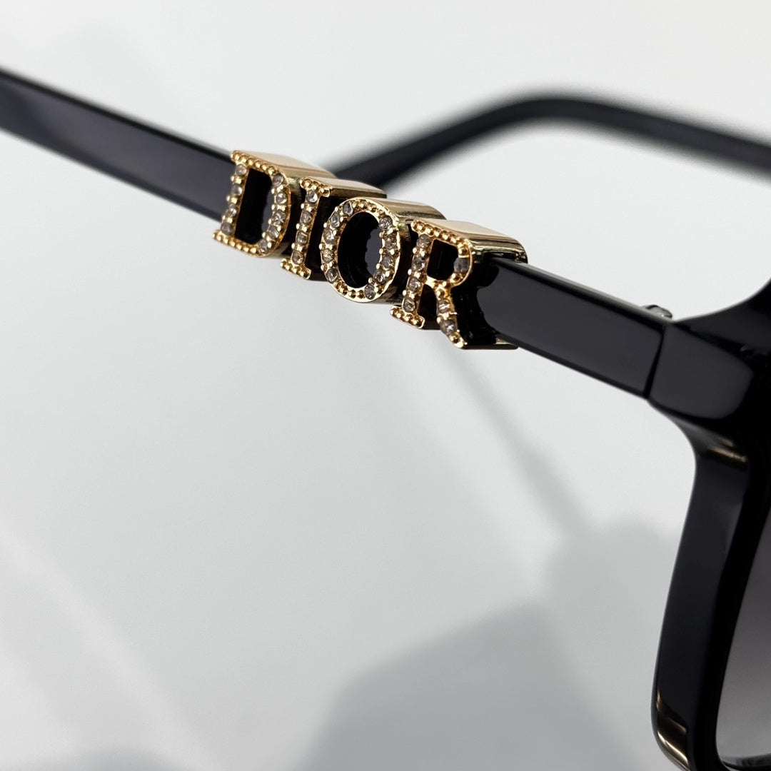 D**R Oversized Square Sunglasses | Gloss Black Acetate, Gold Crystal-Set DIOR Letter Temple, Gradient Grey Lenses, CD Monogram Print
