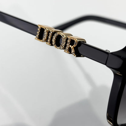 D**R Oversized Square Sunglasses | Gloss Black Acetate, Gold Crystal-Set DIOR Letter Temple, Gradient Grey Lenses, CD Monogram Print