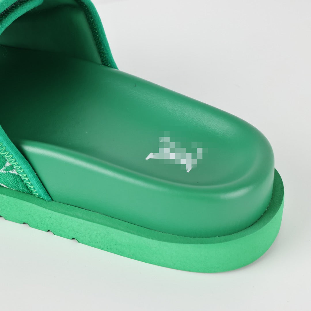 L***V Grass Green Monogram Woven Jacquard Velcro Adjustable Wide Strap Miami Slide Sandals — Spring Summer Boutique Limited Edition