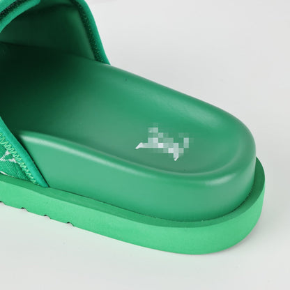 L***V Grass Green Monogram Woven Jacquard Velcro Adjustable Wide Strap Miami Slide Sandals — Spring Summer Boutique Limited Edition