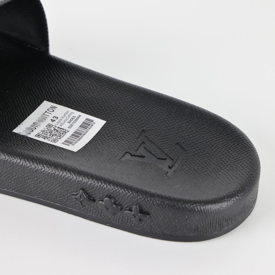 L***V Monogram Eclipse All-Black Waterfront Wide Strap Slide Sandals — Spring Summer Boutique Limited Edition