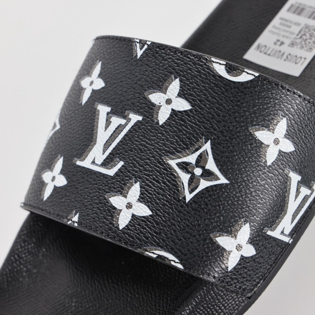 L***V Black White All-Over Oversized Monogram Waterfront Wide Strap Slide Sandals — Spring Summer Boutique Limited Edition