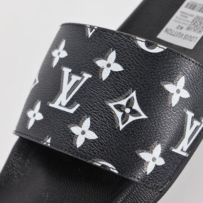 L***V Black White All-Over Oversized Monogram Waterfront Wide Strap Slide Sandals — Spring Summer Boutique Limited Edition