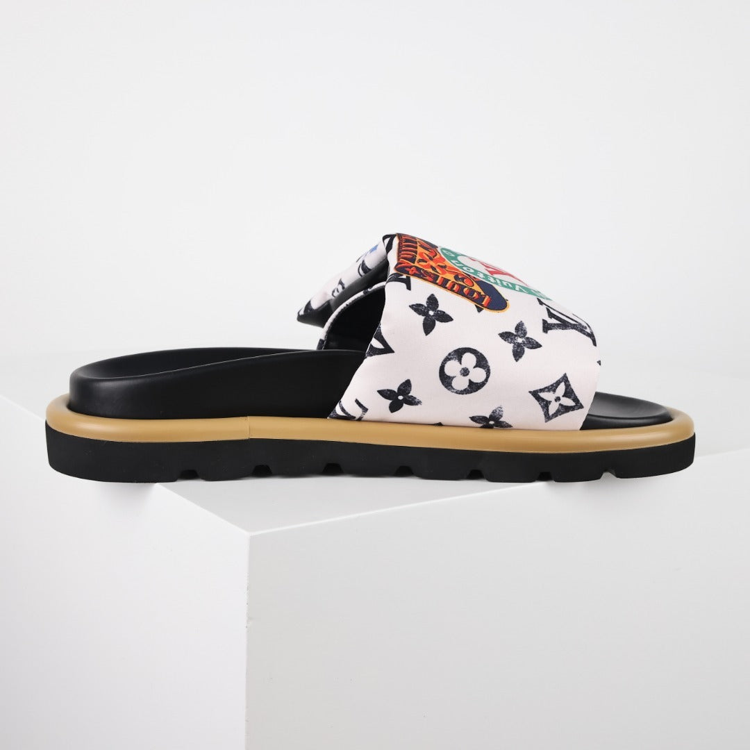 L***V White Multicolor Graffiti Monogram Velcro Adjustable Strap Slide Sandals — Spring Summer Boutique Limited Edition