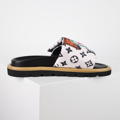 L***V White Multicolor Graffiti Monogram Velcro Adjustable Strap Slide Sandals — Spring Summer Boutique Limited Edition
