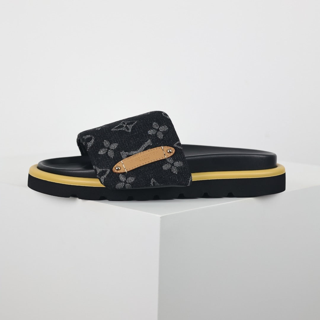 L***V Black Monogram Canvas Gold Safety Pin Platform Slide Sandals — 2024 Spring Summer Boutique Limited Edition