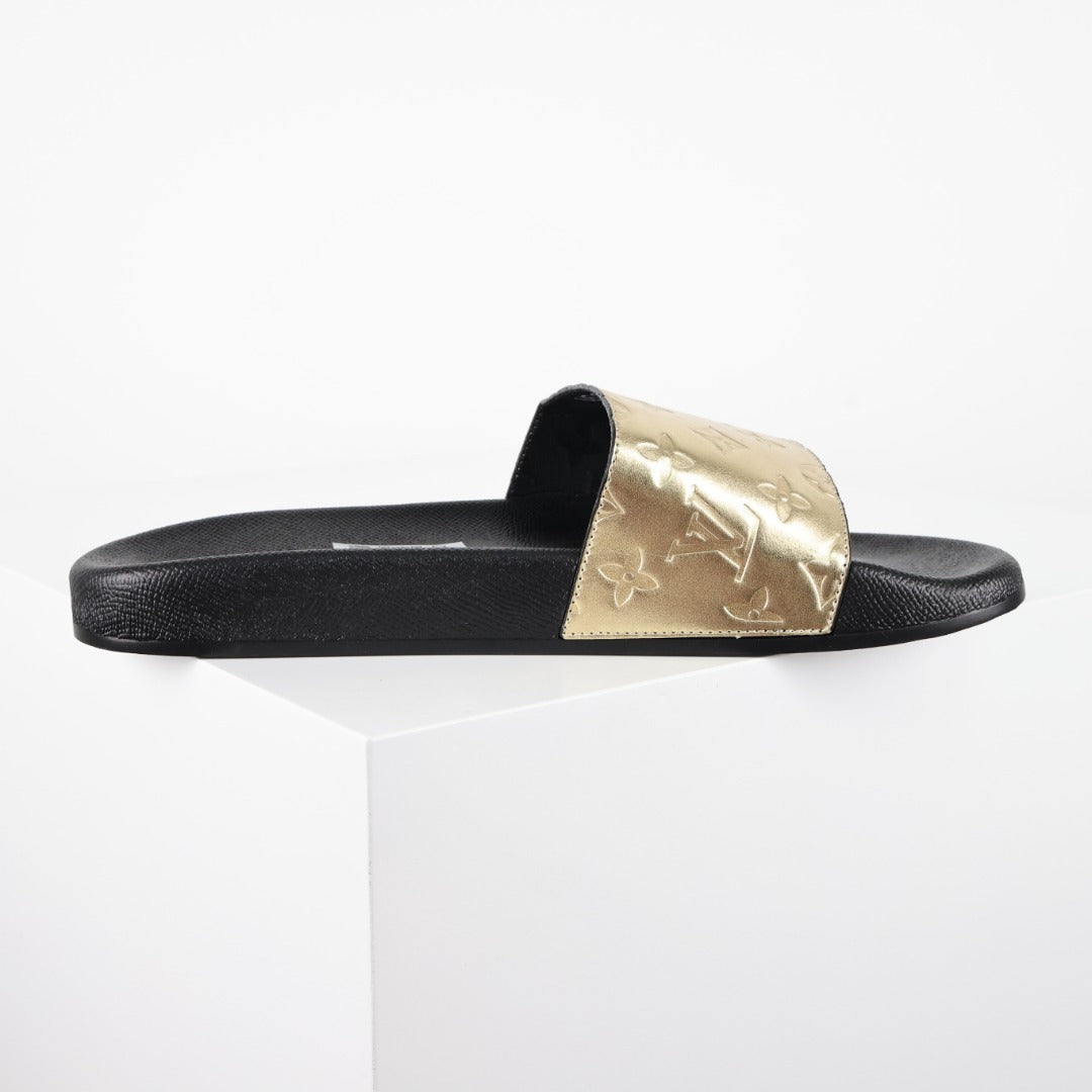 L***V Gold Mirror Metallic Embossed Monogram Waterfront Wide Strap Slide Sandals — Spring Summer Boutique Limited Edition