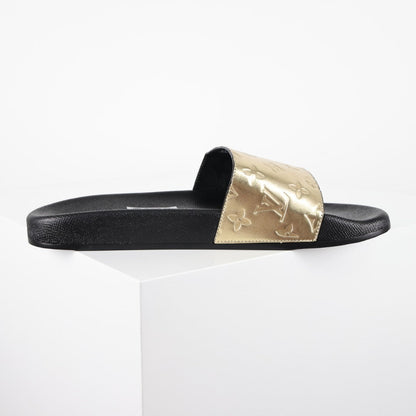 L***V Gold Mirror Metallic Embossed Monogram Waterfront Wide Strap Slide Sandals — Spring Summer Boutique Limited Edition