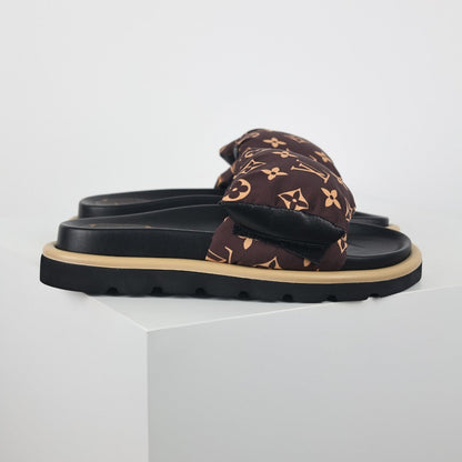 L***V Brown Monogram Canvas Puffy Quilted Wide Strap Platform Slide Sandals — 2024 Spring Summer Boutique Limited Edition