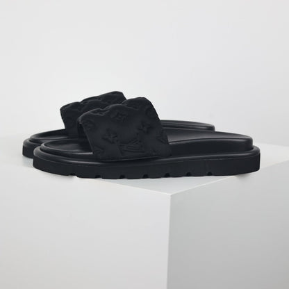 L***V All-Black Tonal Monogram Puffy Quilted Wide Strap Platform Slide Sandals — 2024 Spring Summer Boutique Limited Edition
