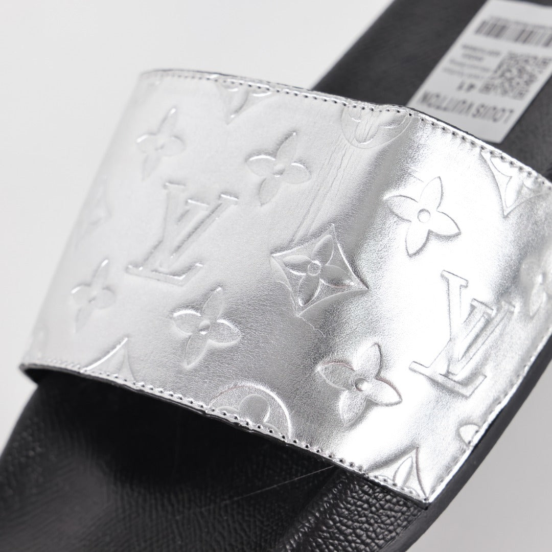 L***V Silver Mirror Metallic Embossed Monogram Waterfront Wide Strap Slide Sandals — Spring Summer Boutique Limited Edition