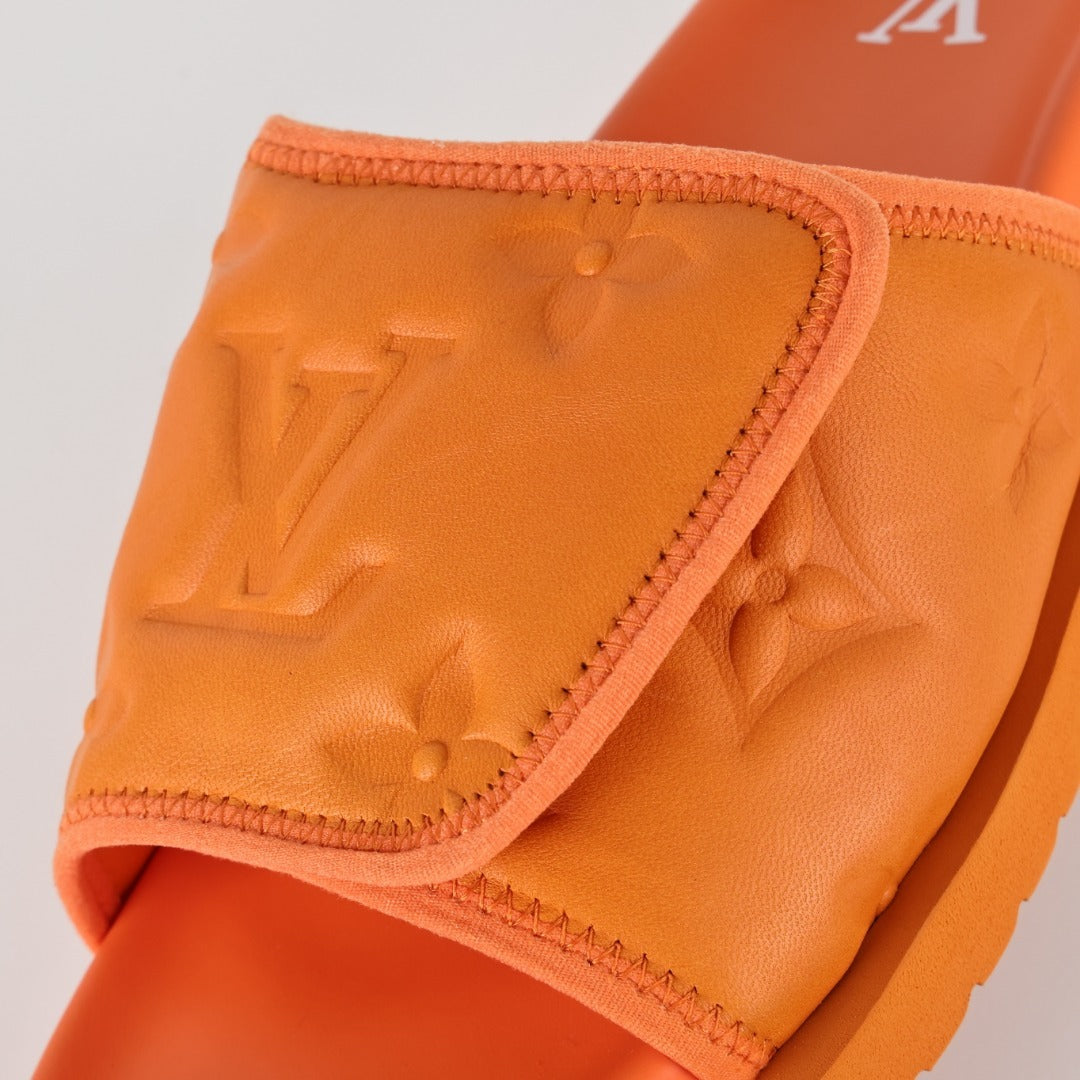 L***V Tangerine Orange Inflated Pillow Leather Velcro Adjustable Wide Strap Miami Slide Sandals — Spring Summer Boutique Limited Edition