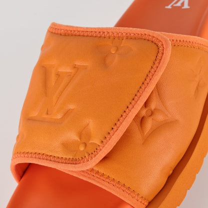 L***V Tangerine Orange Inflated Pillow Leather Velcro Adjustable Wide Strap Miami Slide Sandals — Spring Summer Boutique Limited Edition