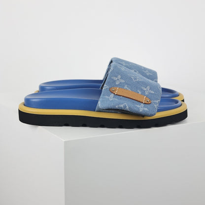 L***V Sky Blue Denim Monogram Gold Safety Pin Platform Slide Sandals — 2024 Spring Summer Boutique Limited Edition