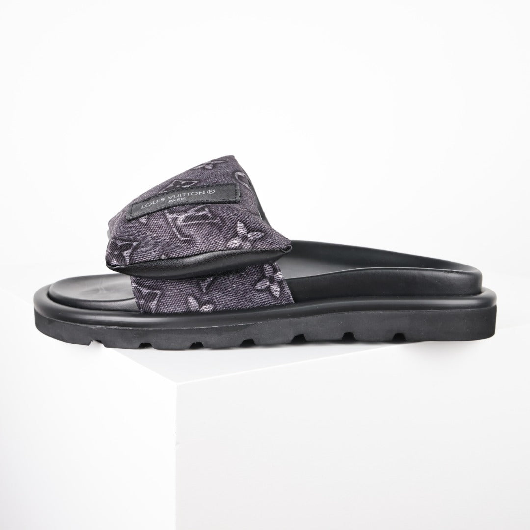 L***V Dark Grey Monogram Nylon Pool Pillow Comfort Wide Strap Slide Sandals — Spring Summer Boutique Limited Edition