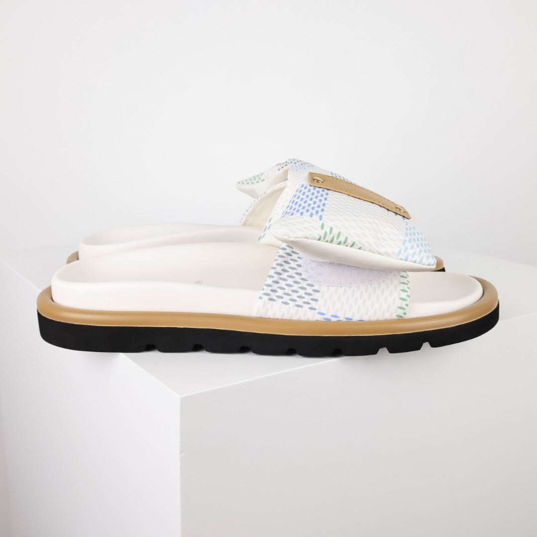L***V White Mesh Woven Gold Bar Wide Strap Pool Pillow Comfort Slide Sandals — Spring Summer Boutique Limited Edition