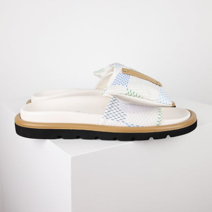 L***V White Mesh Woven Gold Bar Wide Strap Pool Pillow Comfort Slide Sandals — Spring Summer Boutique Limited Edition