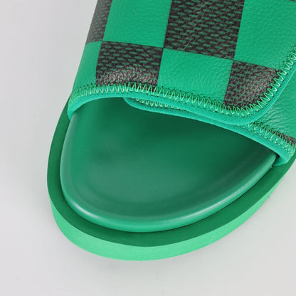 L***V Grass Green Black Damier Checkerboard Inflated Pillow Leather Velcro Double Strap Miami Slide Sandals — Spring Summer Boutique Limited Edition