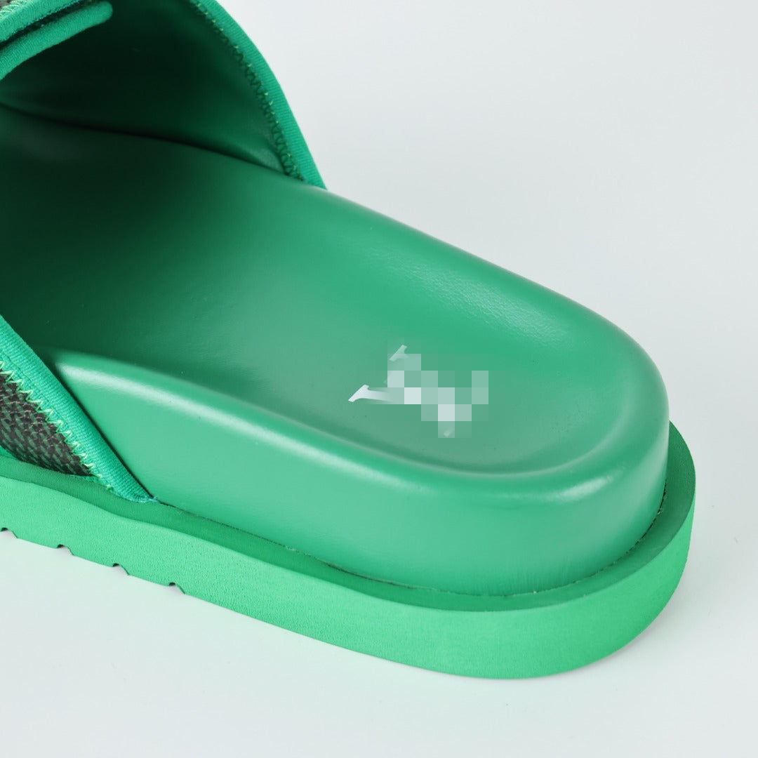 L***V Grass Green Black Damier Checkerboard Velcro Adjustable Wide Strap Miami Slide Sandals — Spring Summer Boutique Limited Edition