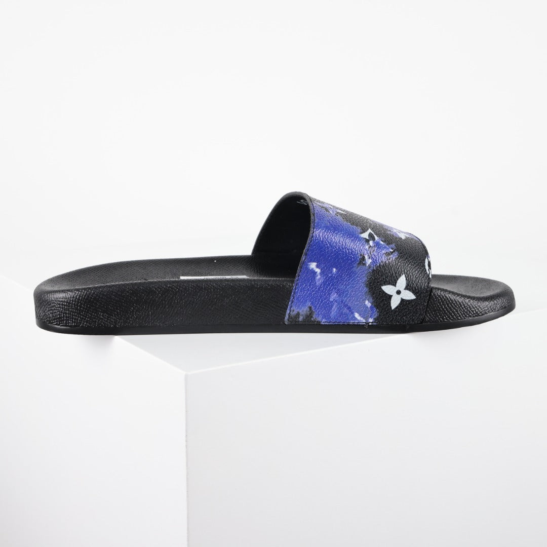 L***V Black Blue Purple Multicolor Monogram Floral Waterfront Wide Strap Slide Sandals — Spring Summer Boutique Limited Edition