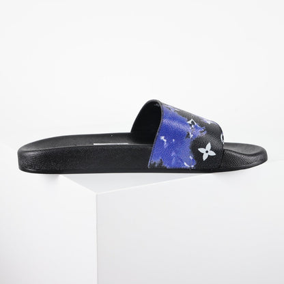 L***V Black Blue Purple Multicolor Monogram Floral Waterfront Wide Strap Slide Sandals — Spring Summer Boutique Limited Edition