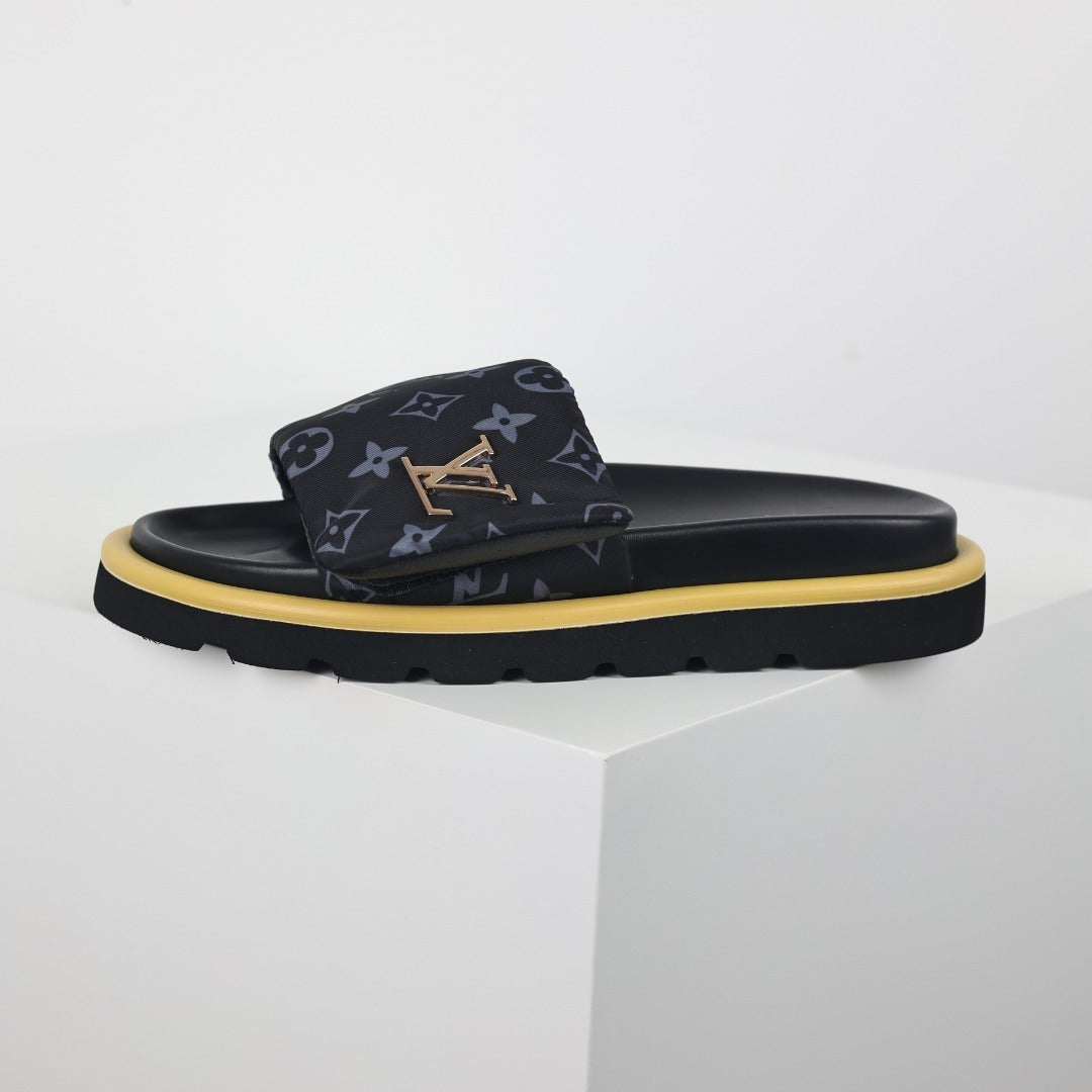 L***V Black Monogram Canvas Platform Slide Sandals — 2024 Spring Summer Boutique Limited Edition