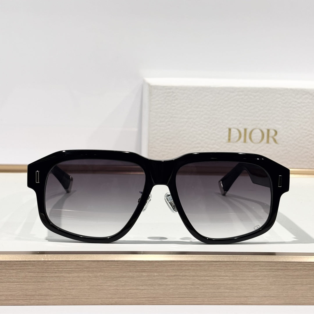 D**R Oversized Square Acetate Sunglasses | Gloss Black Frame, CD Rivet Temple, Silver Metal Tip, Light Gradient Grey Lenses