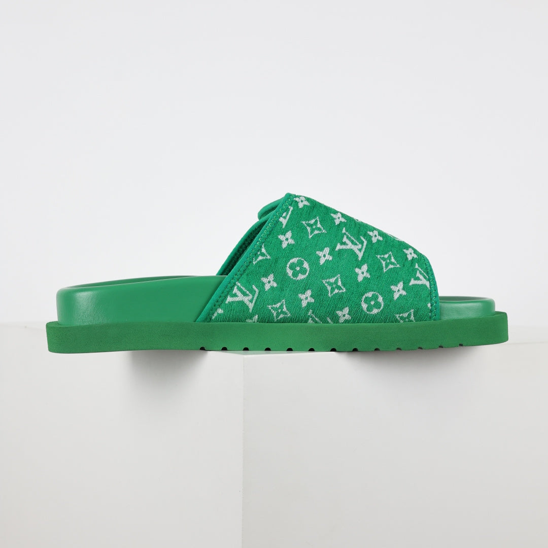 L***V Grass Green Monogram Jacquard Twisted Bow Ruched Strap Miami Slide Sandals — Spring Summer Boutique Limited Edition